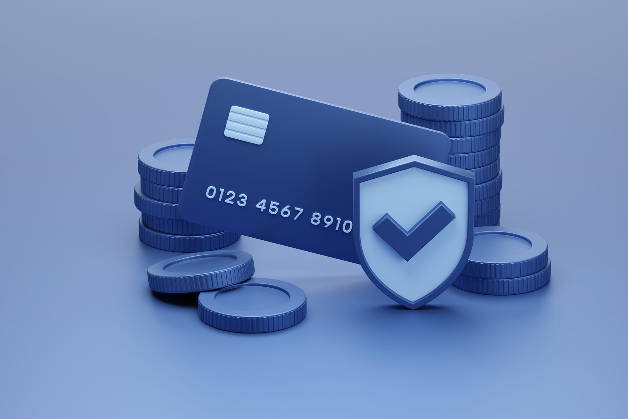 Credit card, coins, and security shield icon.
