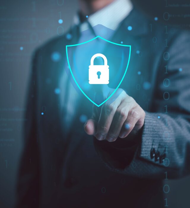 Businessman touching digital lock icon hologram.